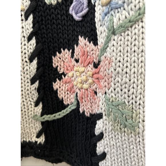 Vintage Maggie Lawrence Cardigan 80s Black Knit Flower Sweater Medium Read - Picture 12 of 16